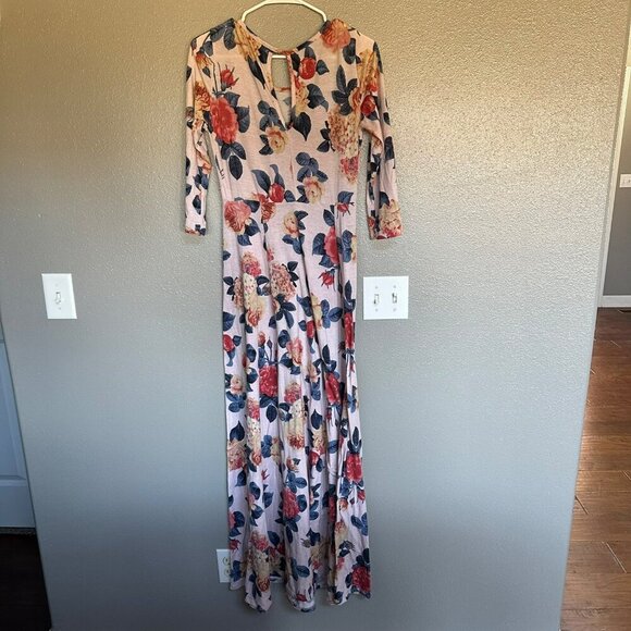 Tea n Rose Floral Print 3/4 Sleeve A-Line Maxi Dress With Keyhole Back size M - Picture 8 of 8